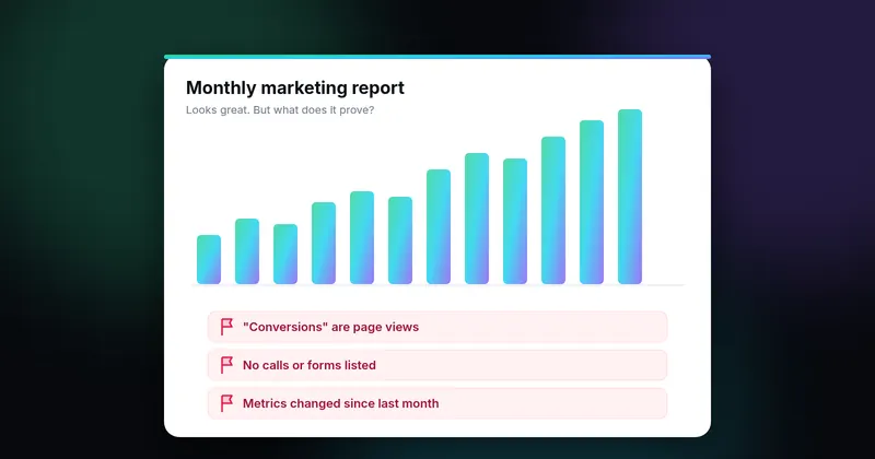 Illustration of a marketing report chart with red flags for page-view conversions, missing leads and changed metrics